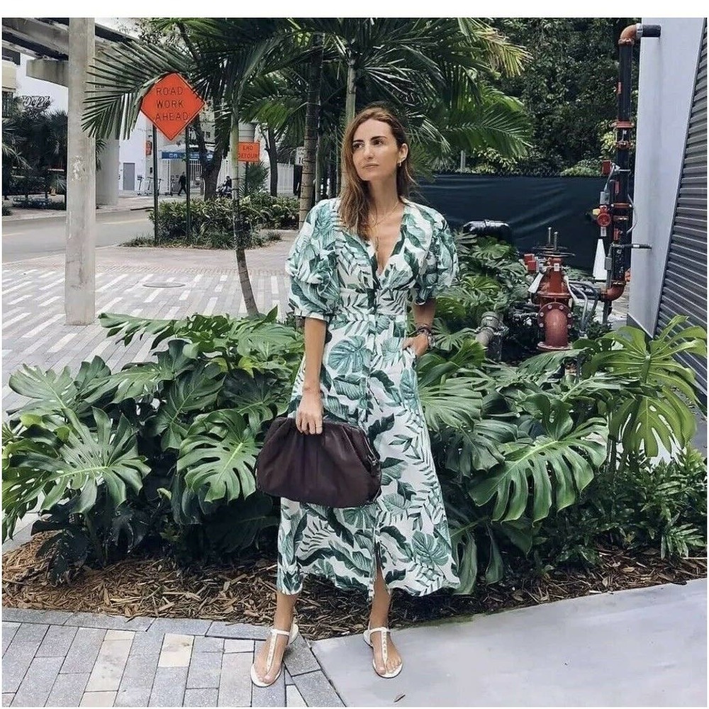 H&M Johanna Ortiz White Green Leaf Linen Dress